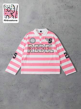 Street Life Men's Sparkling Prep Diamond Striped Loose Fit Long Sleeve Polo Shirt, Fall