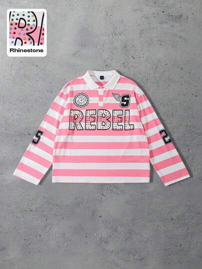 Street Life Camicia polo a maniche lunghe con vestibilità ampia, a righe e con diamanti scintillanti, adatta per l'autunno