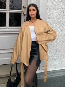 SHEIN EZwear 秋冬女士时尚优雅纯色落肩长袖系腰羊毛混纺大衣 - 駝色 - 查看 4