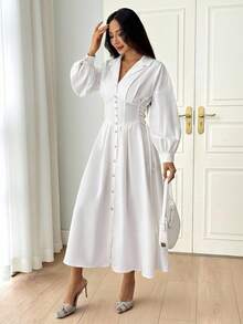 SHEIN PETITE Women's Front Button Solid Color Elegant Long Sleeve Dress Long Evening Dresses White Button Up Dress White Shirt Dress