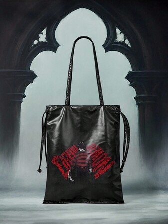 A Nightmare on Elm Street X ROMWE Borsa a tracolla con coulisse e grande capacità, con grafica a lettere, per donna