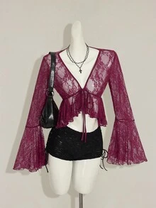 SHEIN ICON Women's V-Neck Burgundy Lace Flare Sleeve Semi-Sheer Top - Burgundy - View 4