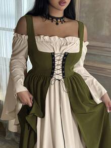 Lyrianda Plus Size Women Off Shoulder Long Sleeve Flare Sleeve Ruffle Elegant Vintage Cute Halloween Party Casual Holiday Colorblock Dress