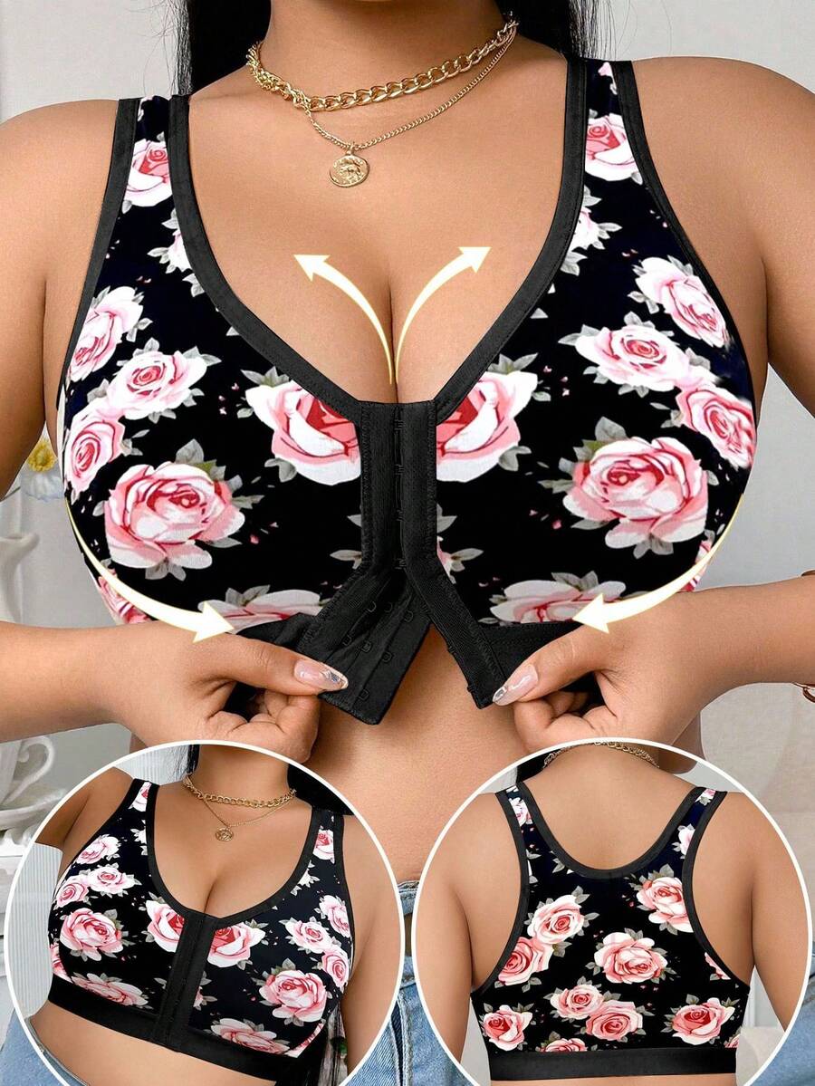 DesireSculpt 1pc Front Closure Plus Size Wireless Bra - Multicolor - View 1