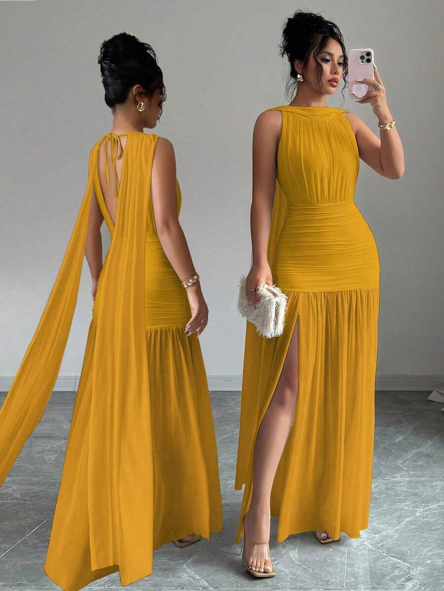Elenzga Women's Elegant Sleeveless Dress With Pleated Detail And Side Slit, Minimalist Solid Color, Summer - Yellow - View 1