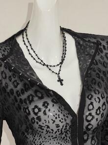 SHEIN ICON 女士半透明动物印花植绒长袖前开高领性感外套，适合派对、休闲、万圣节、夏季伊比沙岛波西米亚音乐节、性感俱乐部狂欢、演出后、秋季、冬季 - 黑色 - 查看 7