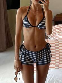 SHEIN Swim 3pcs/Set Women's Sexy Summer Vacation Rainbow Stripe Print With Trim Contrast Color Bikini Set