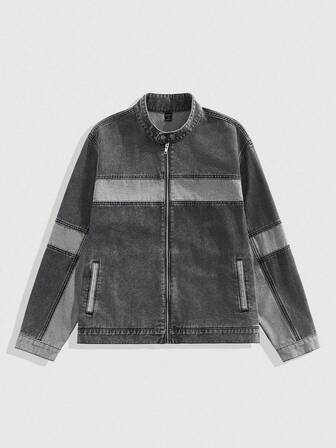 Street Life Lässiges, vielseitiges Herren Denim Patchwork Top mit Reißverschluss und Langarm für den täglichen Gebrauch