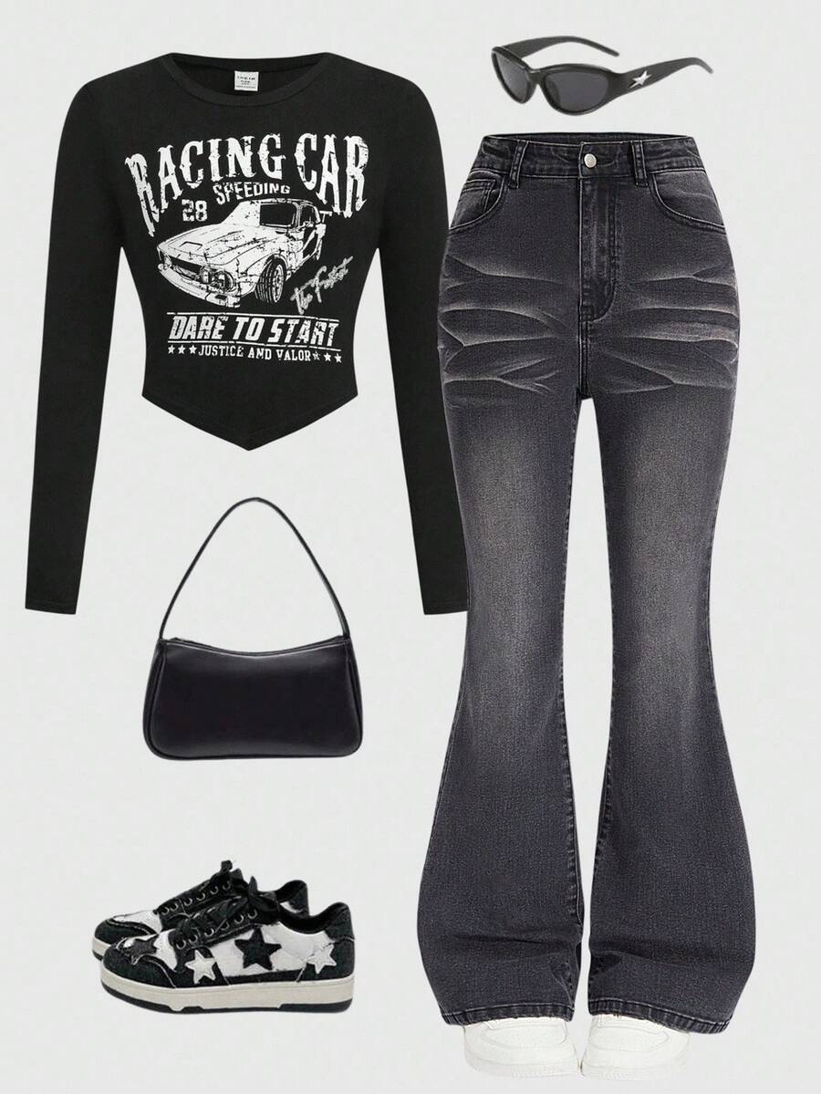 SHEIN Quần jeans ống loe cho bé gái tuổi teen, hàng mới về cho mùa thu/đông, có sẵn màu đen, xám đậm, Y2K, cổ điển, thanh lịch, thường ngày, , Chi tiết thiết kế bao gồm vải cotton pha co giãn bất đối xứng, bất đối xứng, sờn rách, thoải mái, cạp chun có thể điều chỉnh, thích hợp mặc hàng ngày, tiệc tùng, du lịch - màu đen - Xem 1