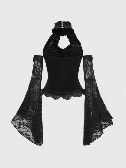 Goth Blouse en velours pour femmes avec col montant élégant, patchwork de dentelle, taille nouée et manches évasées