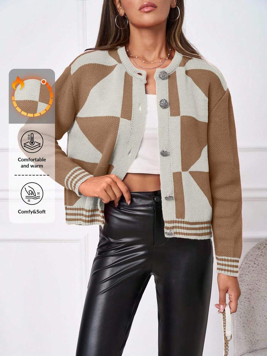 SHEIN Cottnline 女士休闲拼色拼布开衫,秋冬 - 駝色 - 查看 1