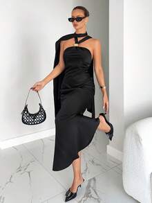 Siren Gaze Siren Gaze Black Dress  Elegant Dresses For Women Women Dresses Autumn Winter   Women's Christmas Party Black Metal Button Satin Ribbon Open Back Tie Long Dress Women's Fashionable Sexy Backless Halter Long Dress