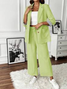 EMERY ROSE Damset med pendlarkostym, randig jacka och byxor med 3/4-ärm, höst - Gul - Visa 5