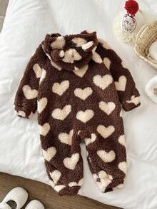 LMoss Kids LMoss  Baby Girl Heart Pattern Knitted Hooded Plush Casual Jumpsuit,Winter Clothes,Cozy Fall & Winter Styles,Styles Confortables D'automne&Hiver,Gemütliche Herbst- & Winterstile,