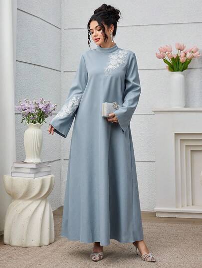 Al Najma 女士传统奢华刺绣立领长袖阿拉伯连衣裙，适合春秋季日常穿着