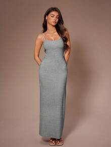 Lazeform Women's Casual Solid Color Knit Fitted Elastic Camisole Maxi Dress - Grey - View 3