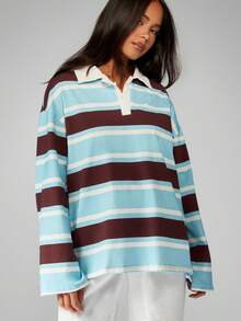 MISSGUIDED Cotton Retro Stripe Rugby Polo Oversized Long Sleeve Collared Pullover Autumn Winter Casual Weekend Loungewear Preppy Relaxed Fit Classic - Multicolor - View 1