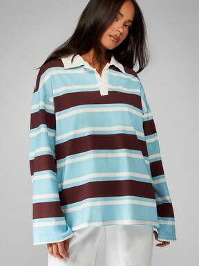 MISSGUIDED Cotton Retro Stripe Rugby Polo Oversized Long Sleeve Collared Pullover Autumn Winter Casual Weekend Loungewear Preppy Relaxed Fit Classic