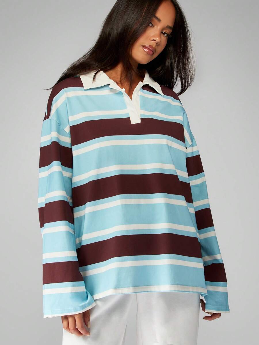 MISSGUIDED Cotton Retro Stripe Rugby Polo Oversized Long Sleeve Collared Pullover Autumn Winter Casual Weekend Loungewear Preppy Relaxed Fit Classic - Multicolor - View 1