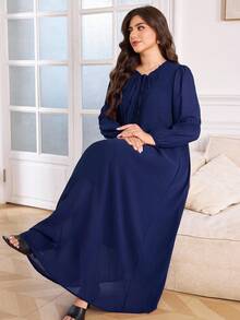 Lacomfia Plus Size Women Loose Casual Ruffle Collar Tie Waist Long Sleeve Dress - Navy Blue - View 4
