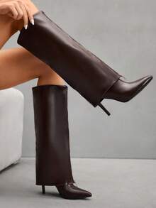 SHEIN X Lucía Bellido CUCCOO SZL Fashionable Y2K Versatile Women's Thigh High Boots With High Heels - Coffee Brown - View 7