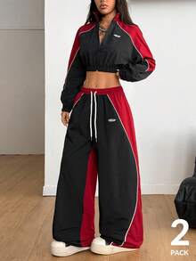 Coolane Concert Streetwear Going Out Sportswear Color-Blocked Banded Texture Decoration Pants And Piping Crop Black Jacket,2pcs,Fall Clothes For Women Halloween,Winter Clothes