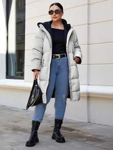 SHEIN Cottnline Plus Size Women Solid Color Long Sleeve Zipper Hooded Winter Jacket - Light Grey - View 5