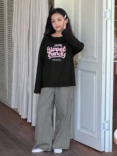 DAZY 2 件儿童青少年女孩圆领印花长袖 T 恤 + 条纹梭织裤家居服套装，秋季