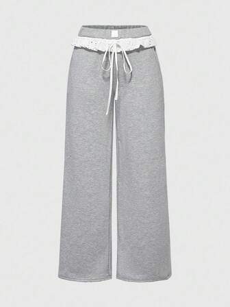 Y2K Style Girls Casual Grey Floral Patchwork Contrast Color Elastic Waist Drawstring Loose Sweatpants