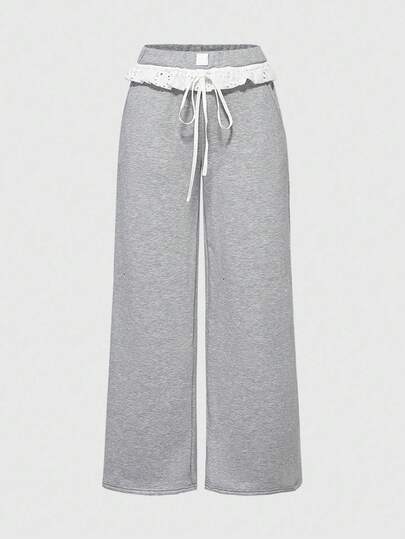 Y2K Style Girls Casual Grey Floral Patchwork Contrast Color Elastic Waist Drawstring Loose Sweatpants