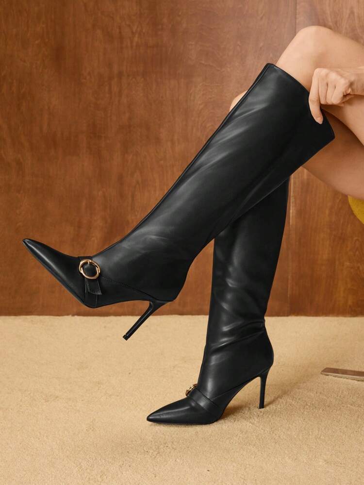 WOMEN'S FASHION METAL BUCKLE POINTED TOE STILETTO HEEL OVER-THE-KNEE BOOTS, SUITABLE FOR DATES AND PARTIES