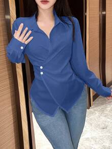 SHEIN LUNE 女士纯色不对称下摆交叉裹身优雅长袖女式衬衫 - 薄荷藍 - 查看 6