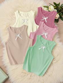 5pcs Girls' Sleeveless White Vest With Cute Bow Design, Stretchy, Machine Washable, Comfortable Fit, Casual Matching Outfits (5 Pieces Sold Separately) Fall Winter - Multicolor - View 3