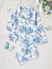 女学生睡衣，女孩可爱樱桃印花长裤和长袖休闲两件套睡衣套装 - 彩色 - 查看 3