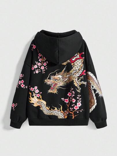 Grunge Punk Sudadera con capucha de forro polar de corte holgado con cremallera, estilo chino con bordado de dragón y flor de durazno, unisex