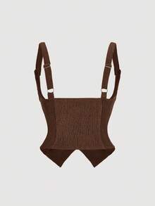 SHEIN MOD Áo ngực hai hàng khuy bằng vải nhung kẻ retro cỡ lớn dành cho nữ - Cà phê nâu - Xem 2
