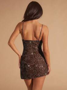 Glamine 女装秋季新款勃艮第彩虹亮片连衣裙，女装夏季新款浪漫性感露背迷你裙渐变色花卉 - 棕色 - 查看 2