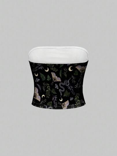 Goth Top sin tirantes sexy con gráficos de polilla, mariposa, murciélago, hoja, sol y luna, estilo gótico y misterioso para mujeres, Halloween