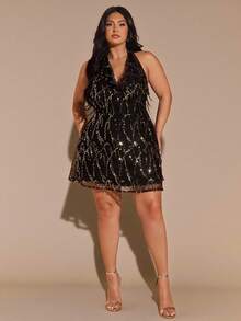 SHEIN BAE 大码女式亮片迷你连衣裙、毕业季、派对鸡尾酒会礼服、流苏亮片连衣裙 - 黑色 - 查看 1