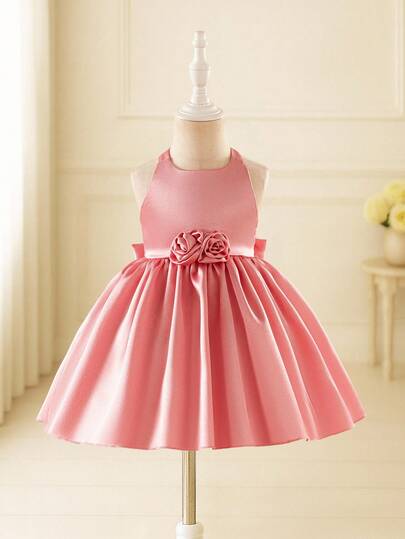 Glamorique Kids 女童优雅可爱迷人粉色缎面花卉无袖腰部收紧蓬松派对连衣裙