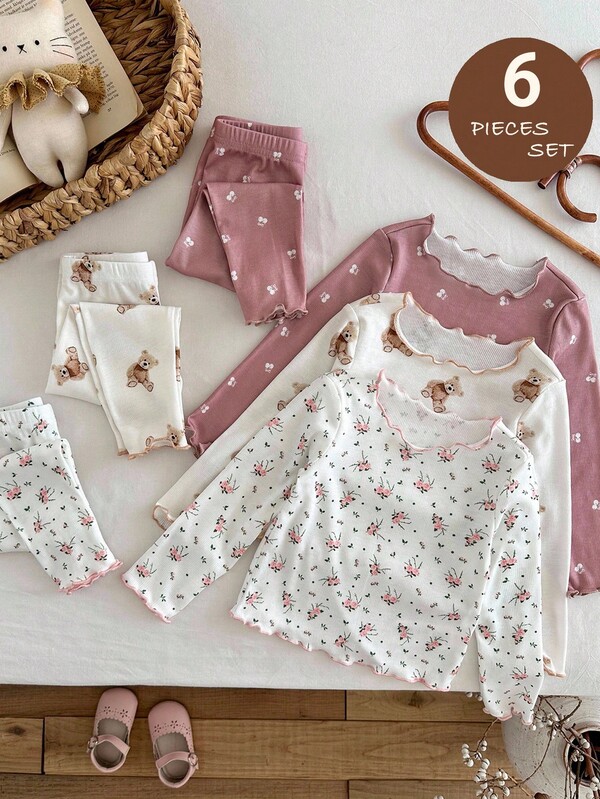 LMoss Kids LMoss  2pcs Baby Girl Knitted Floral Bear Pattern Ruffle Collar Casual T-Shirt And Pants Homewear Set,Winterclothes For Baby,Winterclothes For Kids,Autumn Outfit,Fall Clothes For Baby