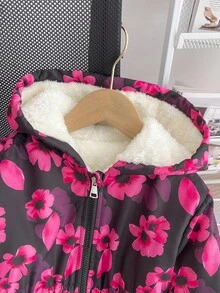 SHEIN Young Girls New Autumn/Winter Zip-Up Hooded Fashion Fleece Thick Digital Print Cute Sweet Cinched Waist Padded Coat, Winter Outerwear - Multicolor - View 6