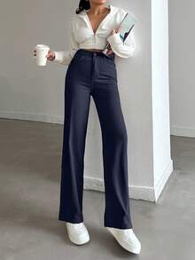EURMUSE 100%Cotton HIGH RISE BEIGE WIDE LEG PETITE SIZE JEAN - Navy Blue - View 5