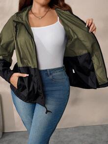 EMERY ROSE Giacca casual con cappuccio, chiusura lampo e coulisse, con patchwork a contrasto di colore, per taglie forti