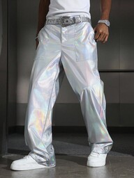 Manfinity EMRG Manfinity Streetrush Heren Zilveren Niche Design Laser Glanzende Losse Rechte Broek, Y2k Reflecterende Harajuku Rave Disco Holografische Broek, Herfst