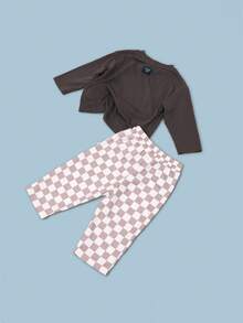 SUMWON Baumwoll Baby Jungen Dinosaurier Koordinations-Set mit karierter Hose und Langarm-Wintershirt, Herbst Outfit, passendes Zweiteiler-Set