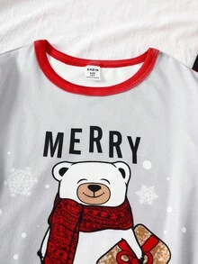 Tween Boy 1pc Christmas Bear Print Contrast Trim Tee & 1pc Buffalo Plaid Print Pants - Red and White - View 7