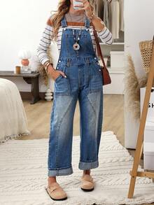 EMERY ROSE Women's Casual Vacation Denim Bib Pants With Pockets - Blue - View 1