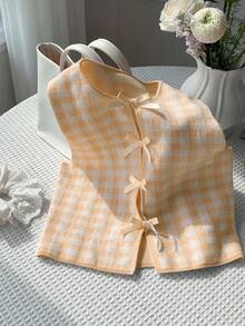 Comfortcana Women's Autumn Checkered Sleeveless Casual Knit Top With Bow Decor