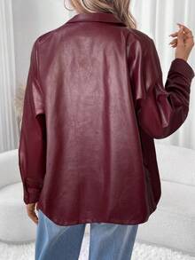 SHEIN LUNE Veste en PU à manches longues, style rock de rue décontracté, grande taille. Veste thermique pour l'automne et l'hiver, idéale pour les vacances - Rouge foncé - Voir 2